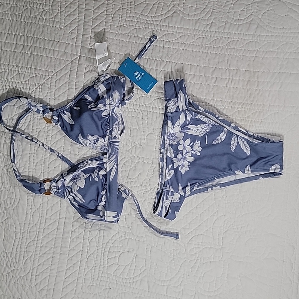 Womens Cutout O-Ring Back Tie Mid Rise Dusty Blue &  White Bikini Set / Swimwear